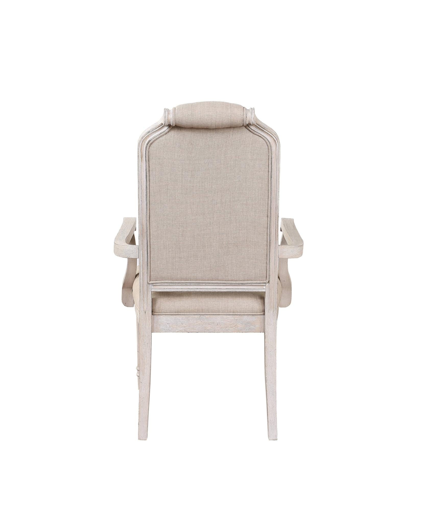Set of Two Tufted Antiqued White and Champagne Upholstered Fabric And Solid Wood Dining Arm Chairs