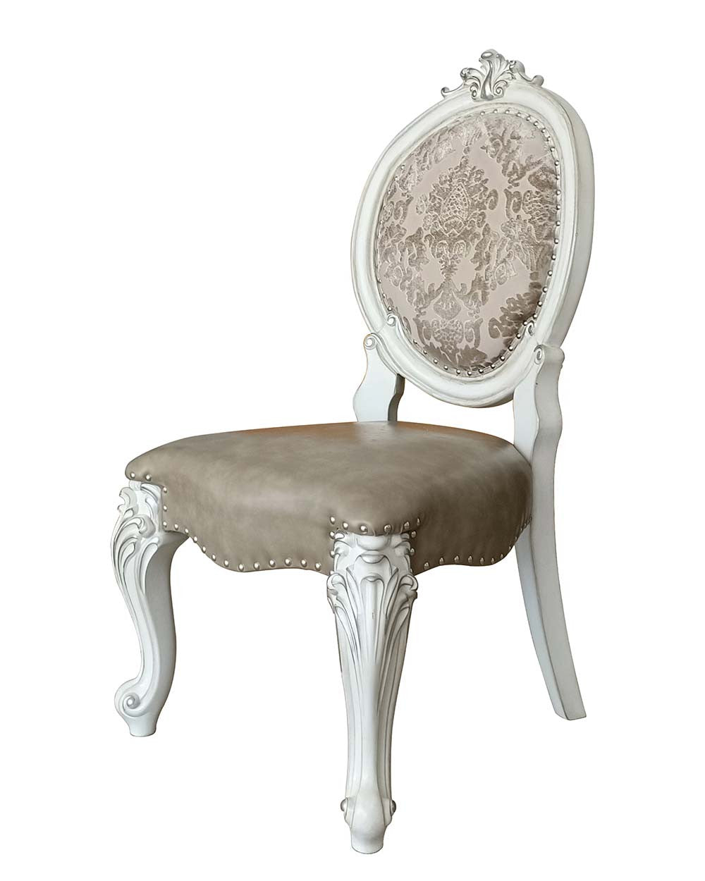 Set of Two Gray and White Upholstered Faux Leather And Solid Wood King Louis Back Dining Side Chairs
