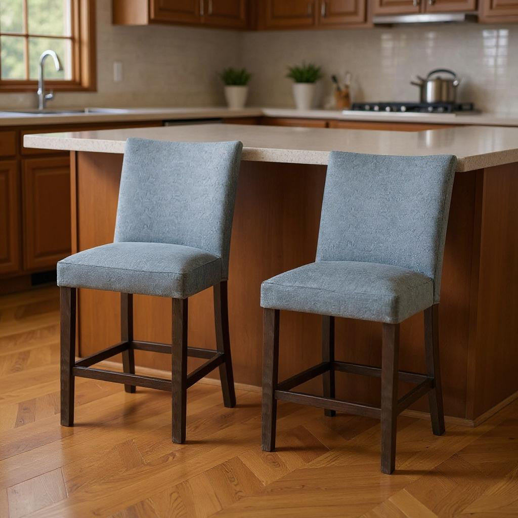 Set of Two 25" Gray and Espresso Fabric and Solid Wood Counter Height Bar Chairs