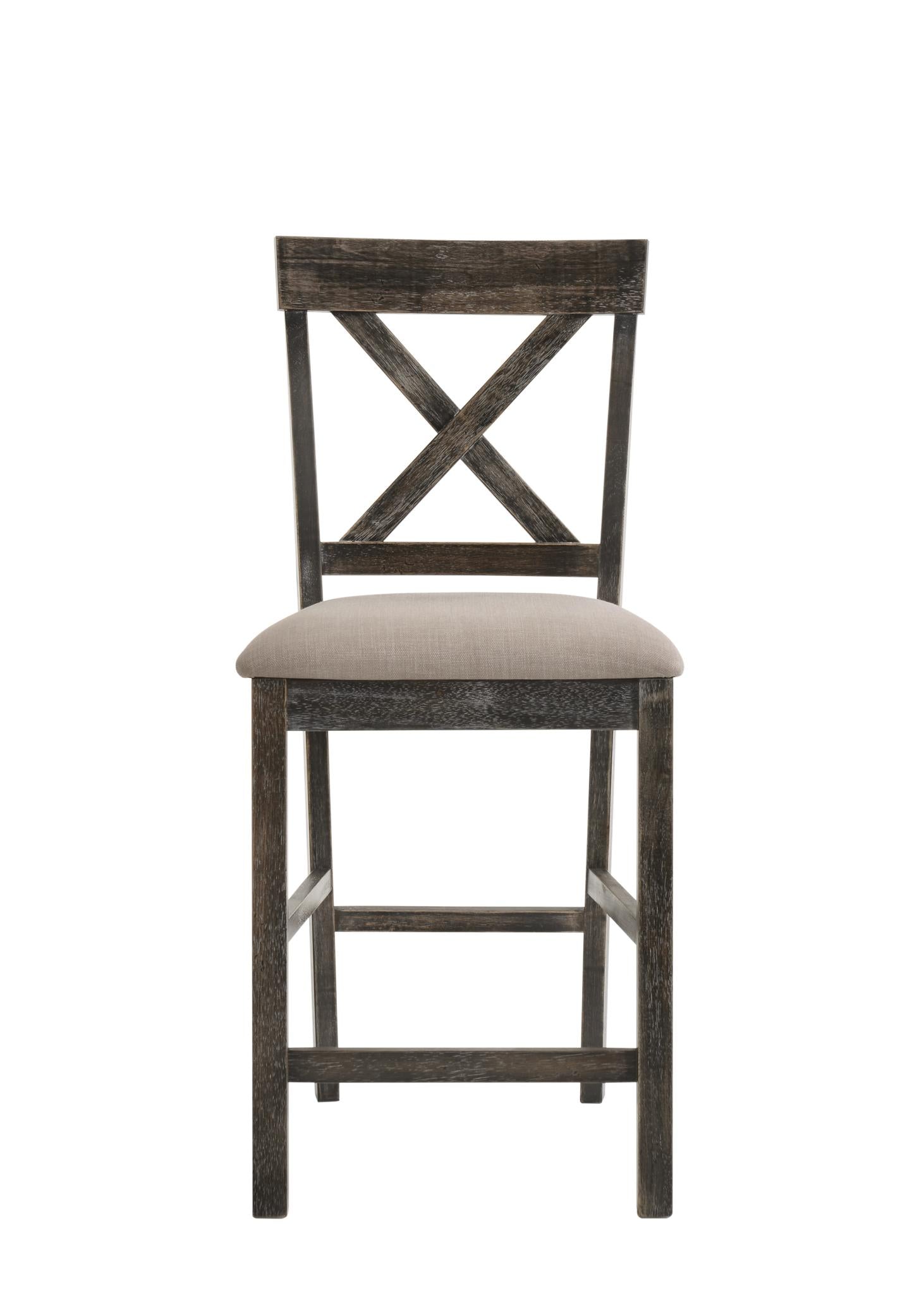 Set of Two 26" Tan and Dark Gray Linen and Solid Wood Counter Height Bar Chairs