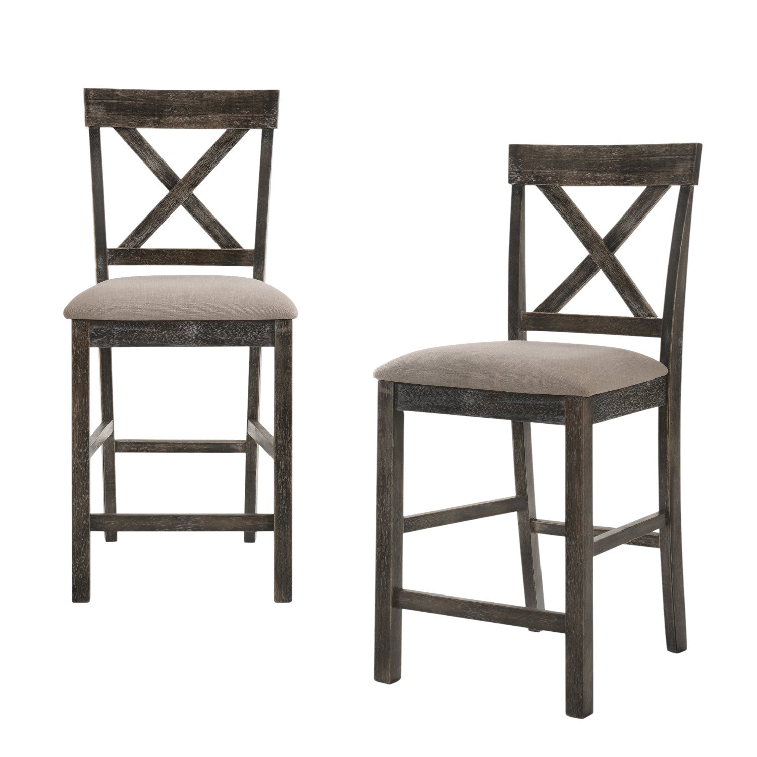 Set of Two 26" Tan and Dark Gray Linen and Solid Wood Counter Height Bar Chairs