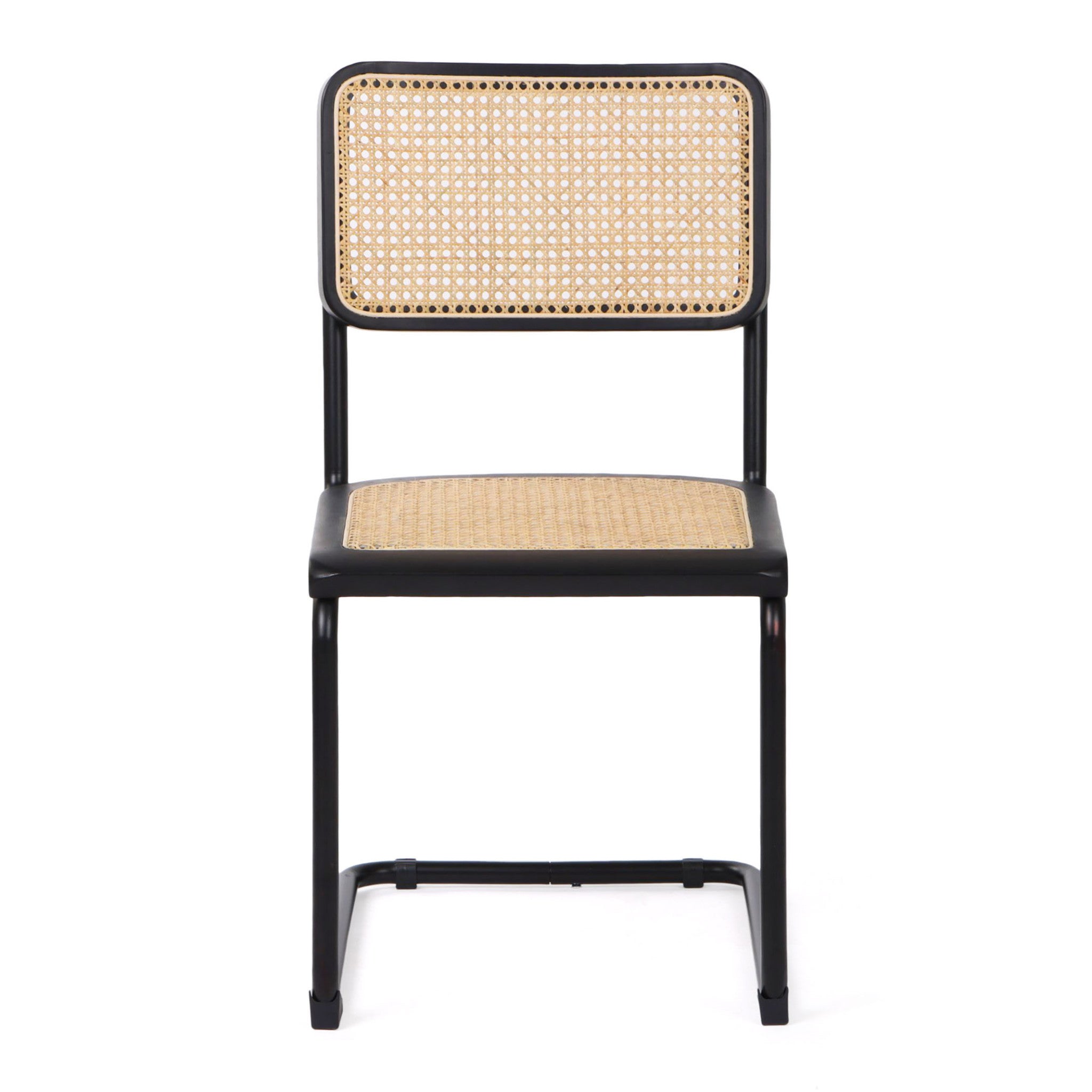 Set of Two Black and Natural Steel Open Back Dining Side Chairs