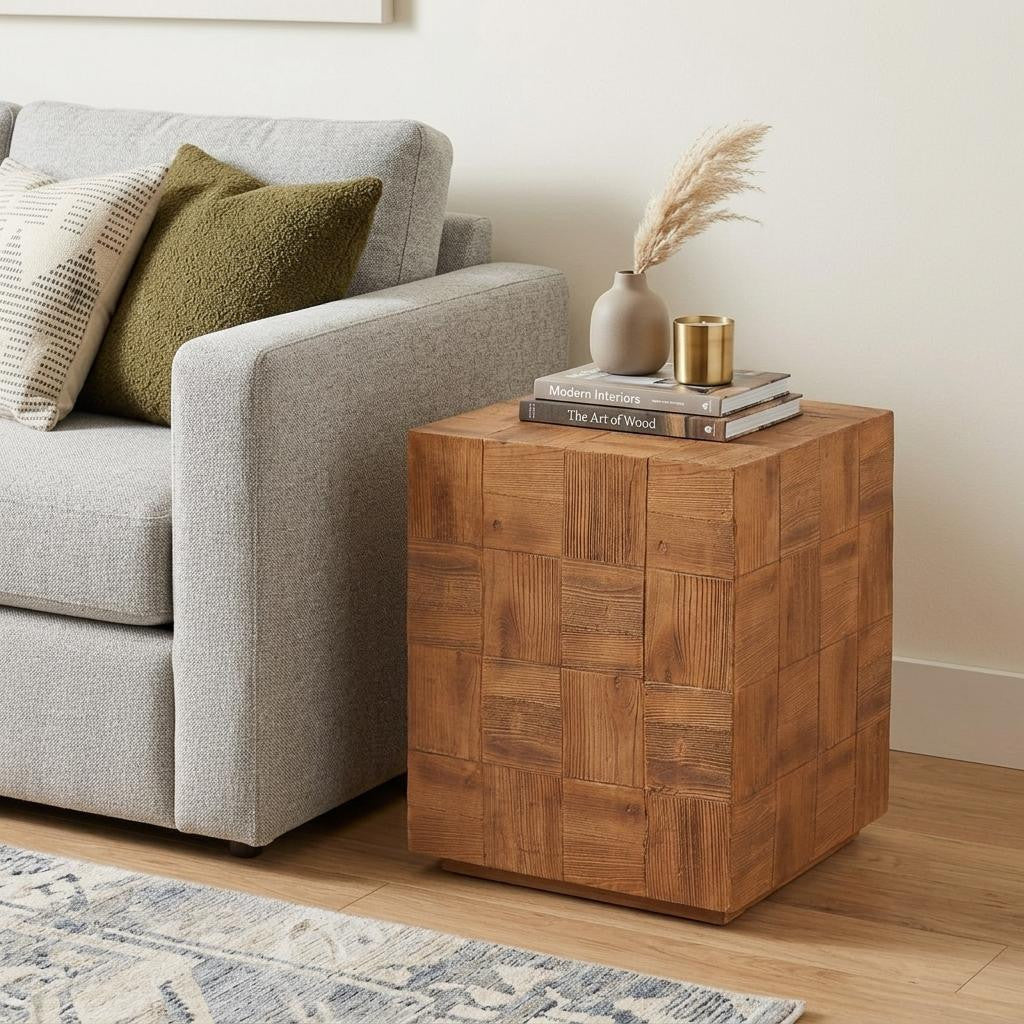 22" Natural Faux Wood Steel Block End Table