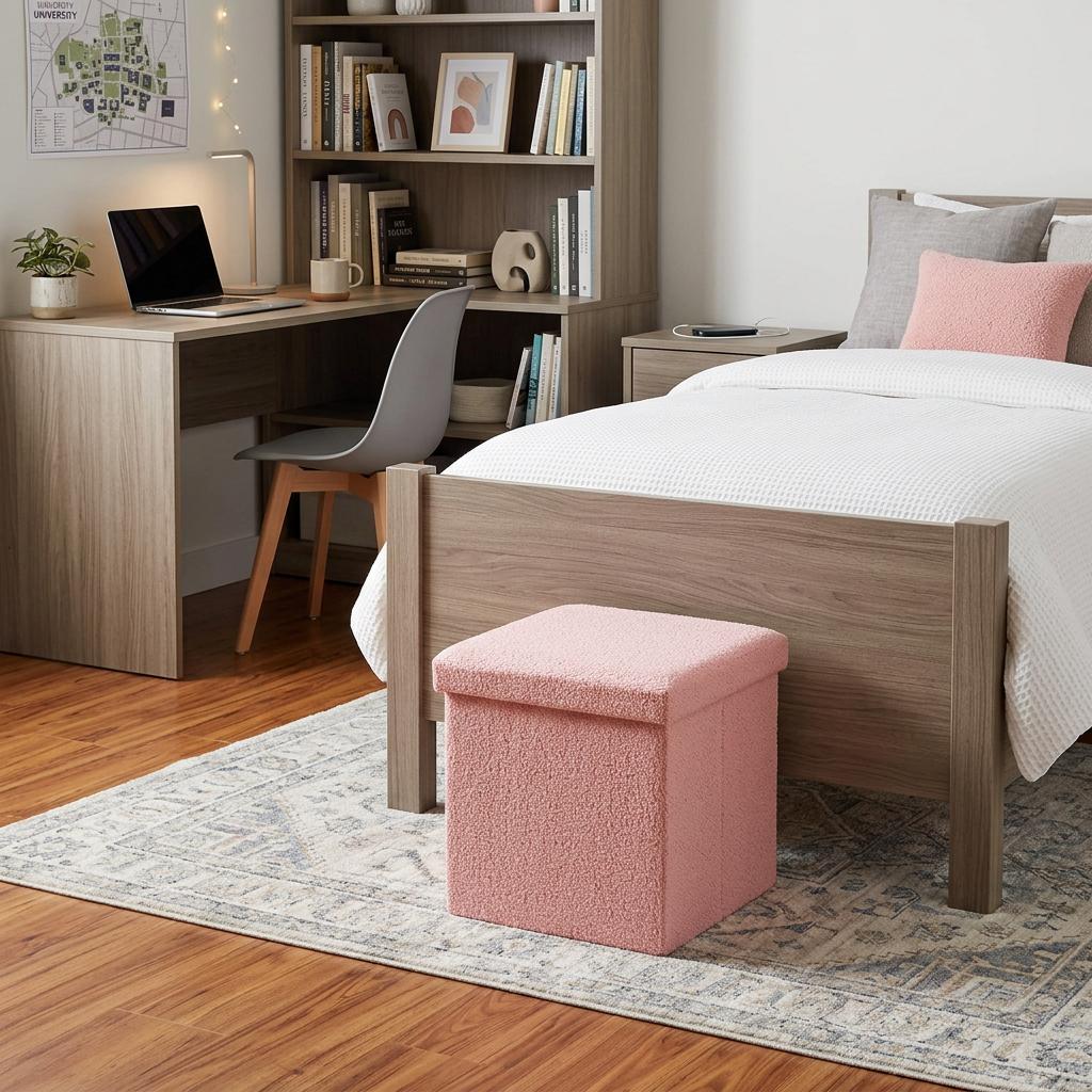 15" Pink Boucle Cube Storage Ottoman