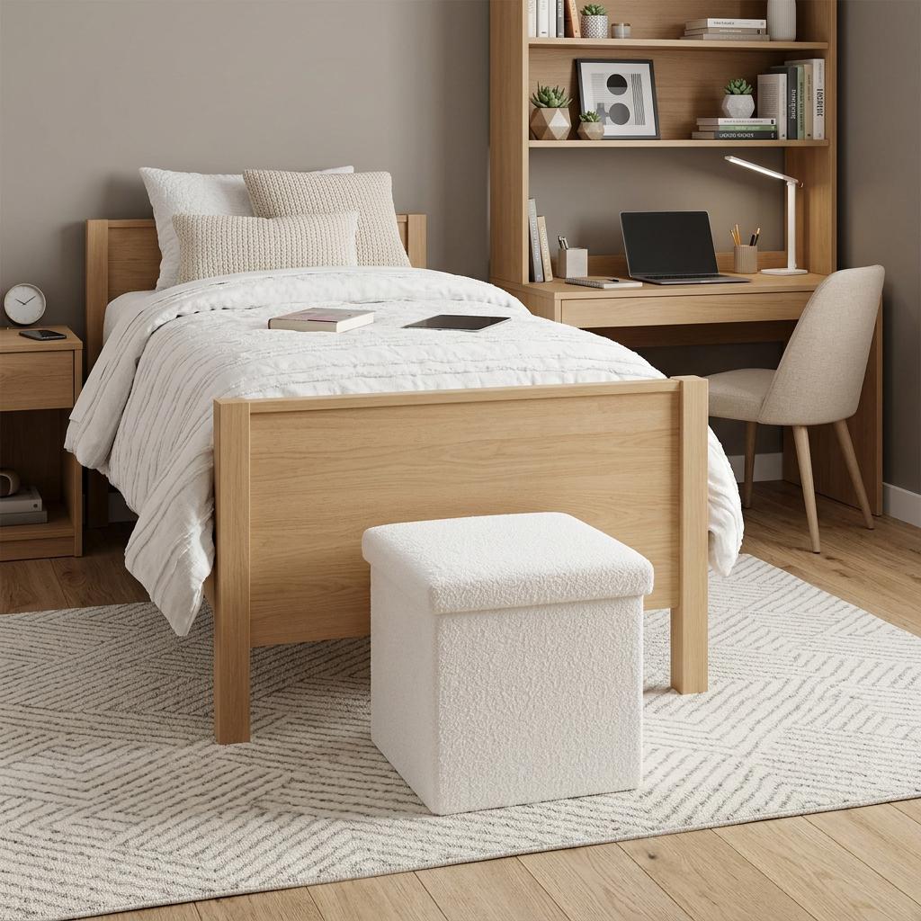 15" White Boucle Cube Storage Ottoman