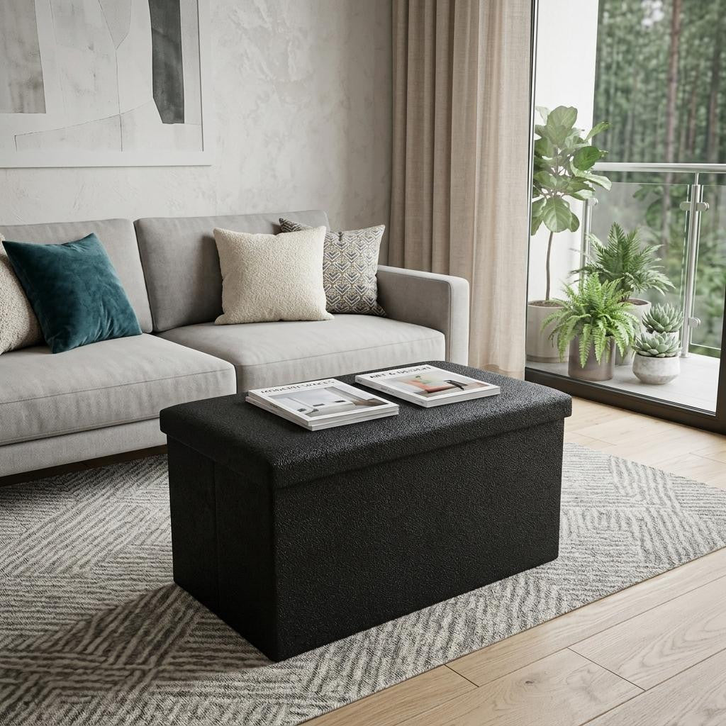 30" Black Boucle Storage Ottoman