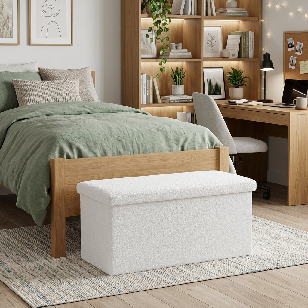 30" White Boucle Storage Ottoman