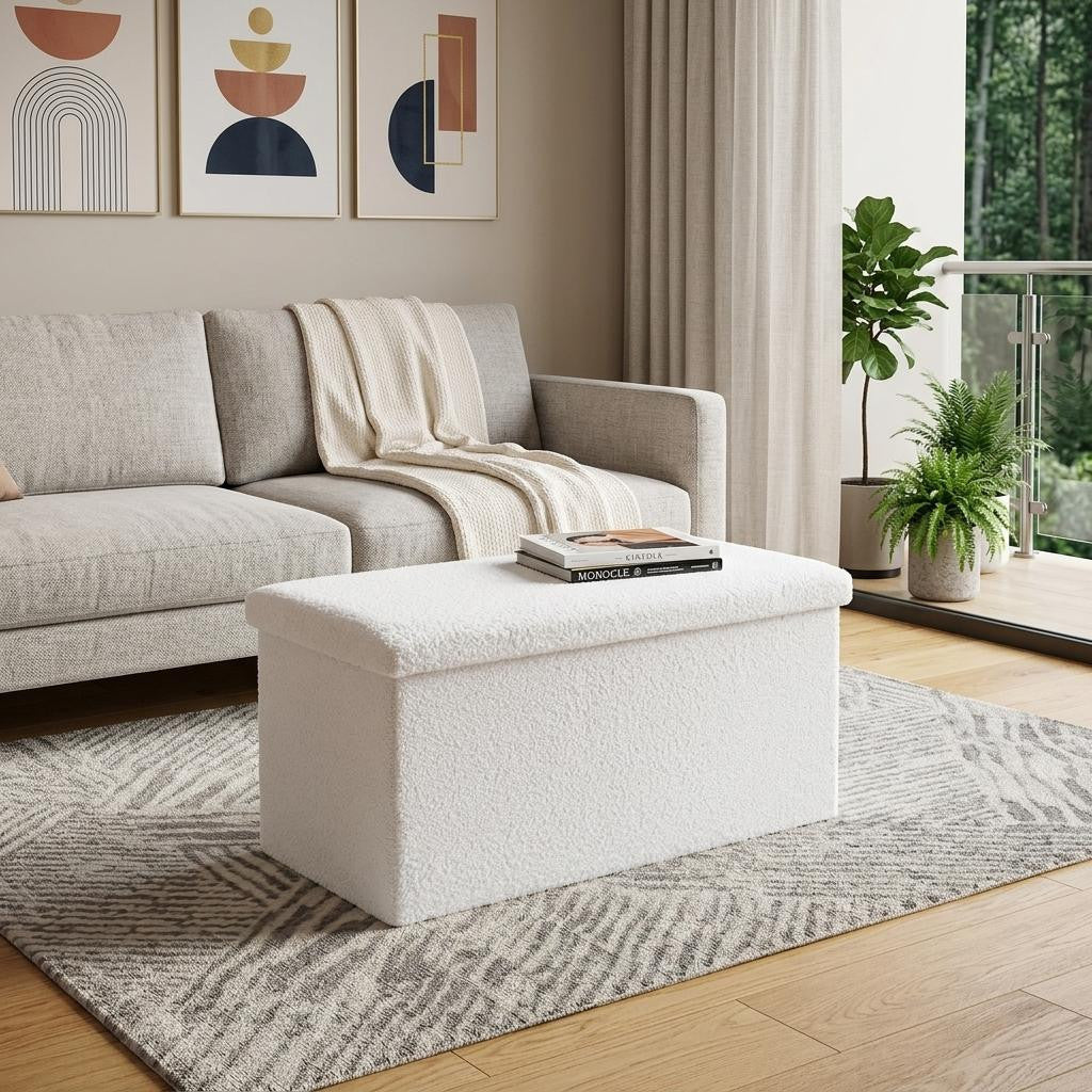 30" White Boucle Storage Ottoman