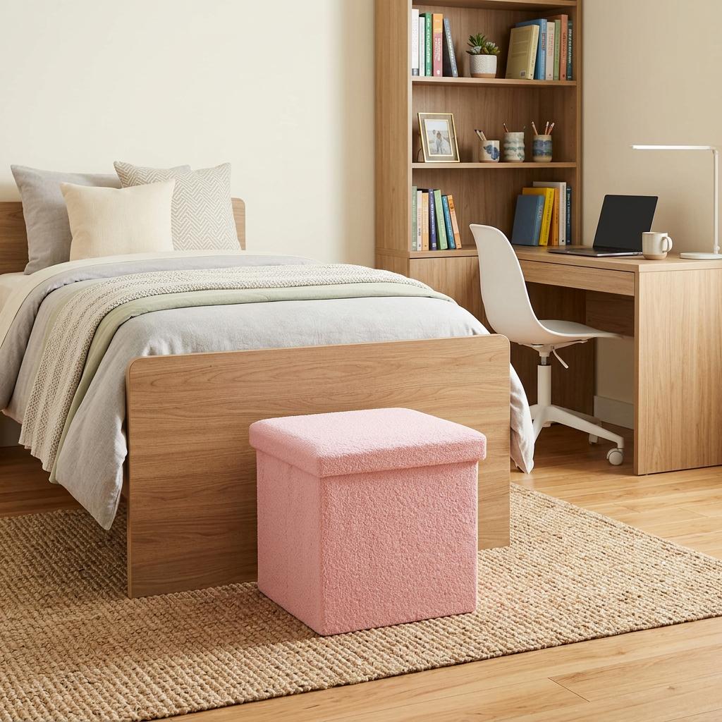 12" Pink Boucle Cube Storage Ottoman