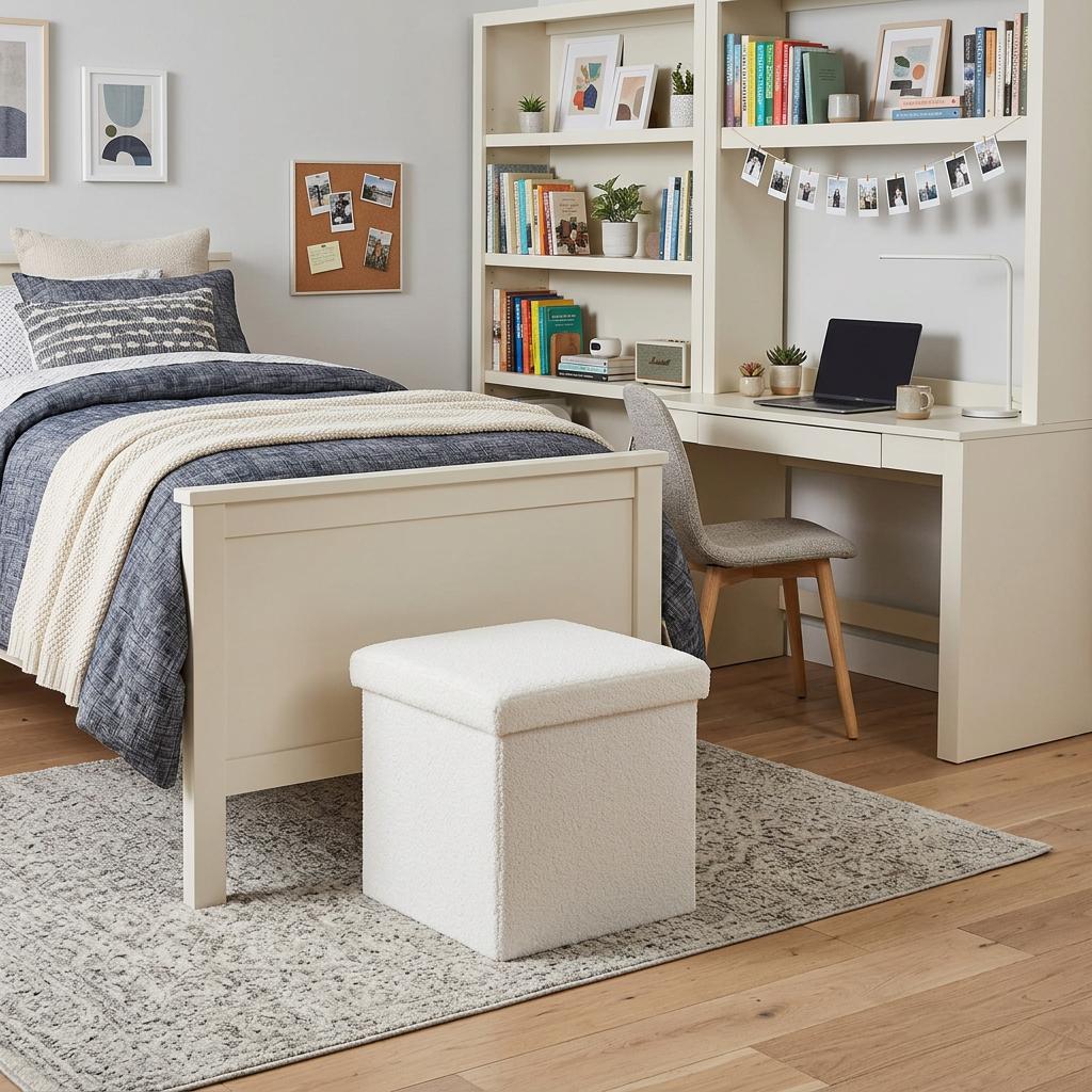 12" White Boucle Cube Storage Ottoman