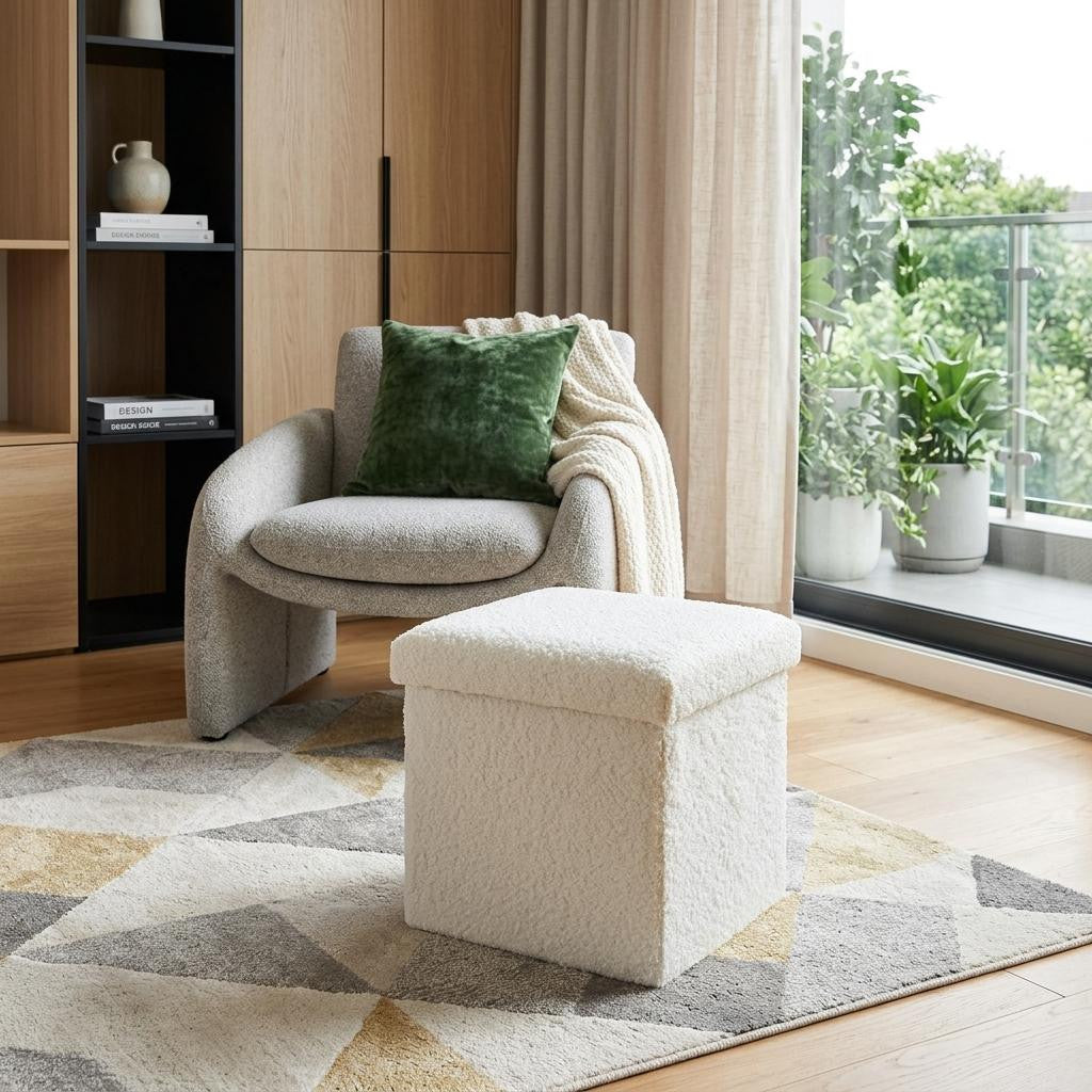 12" White Boucle Cube Storage Ottoman