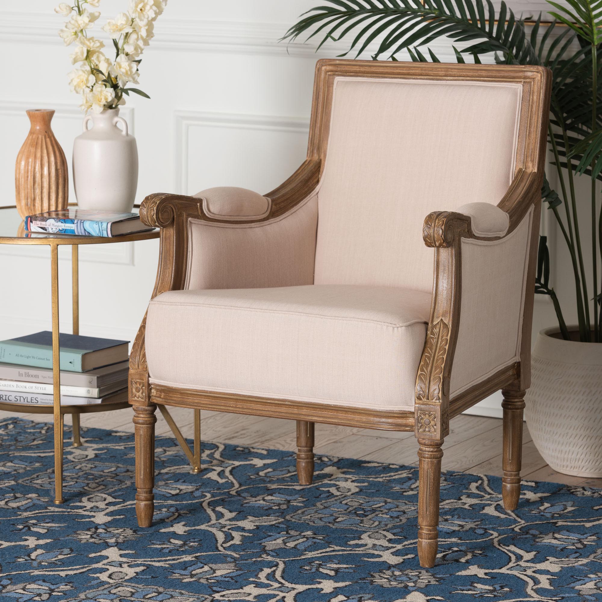 Baxton Studio Chavanon Wood & Light Beige Linen Traditional French Accent Chair
