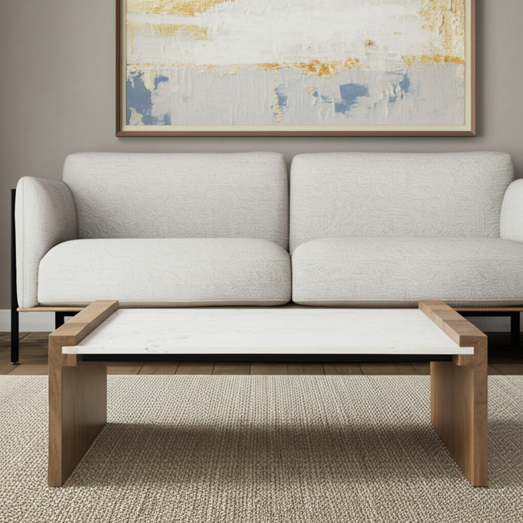 48" Natural and White Solid Wood And Genuine Marble Coffee Table