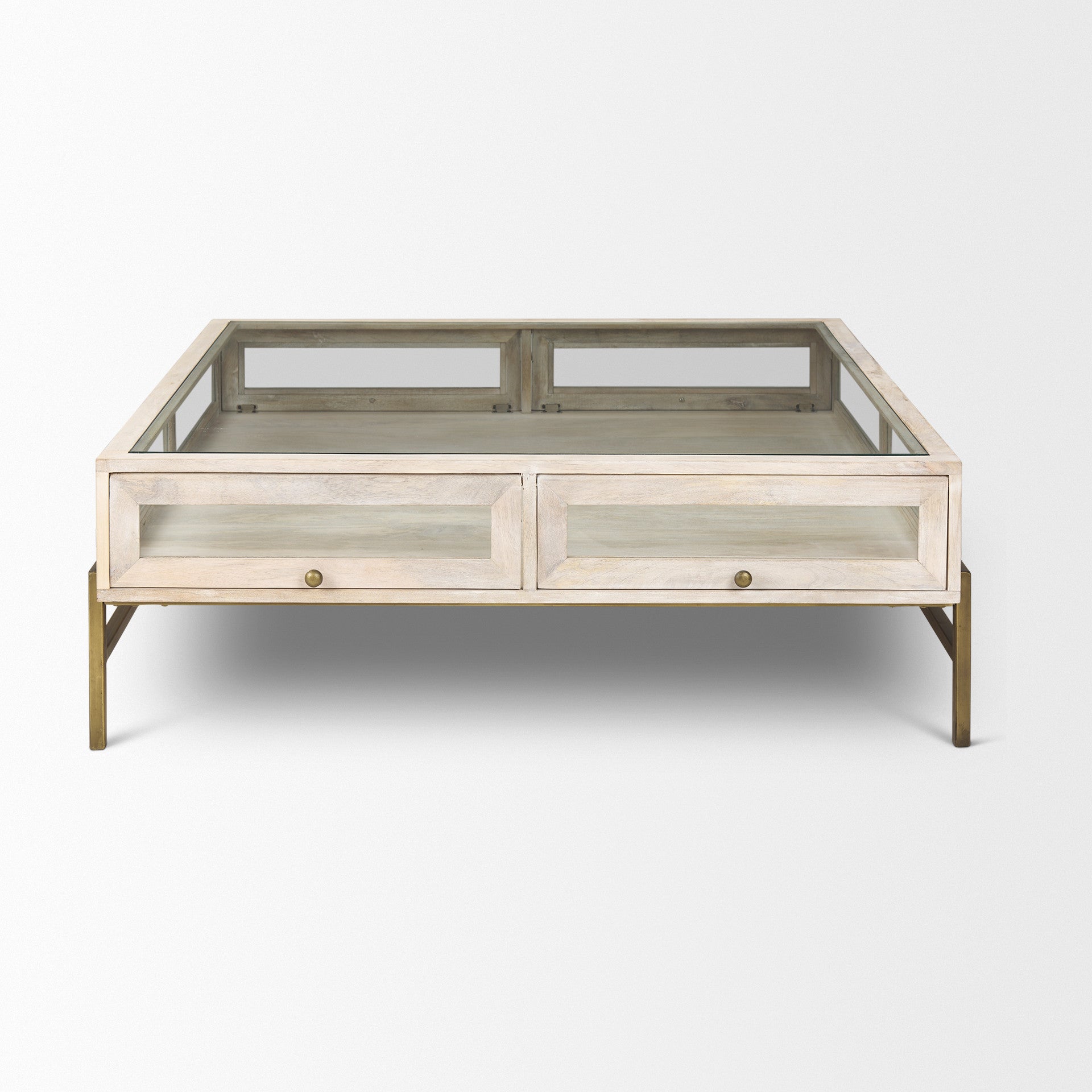 44" Off White Clear And Gold Solid Wood Glass And Iron Storage Coffee Table