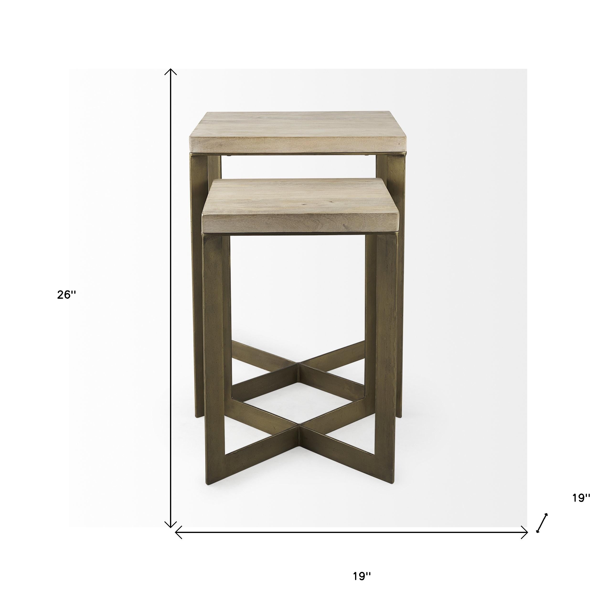 Set of Two Natural and Gold Solid Wood and Metal Square Cross Legs Nested Tables
