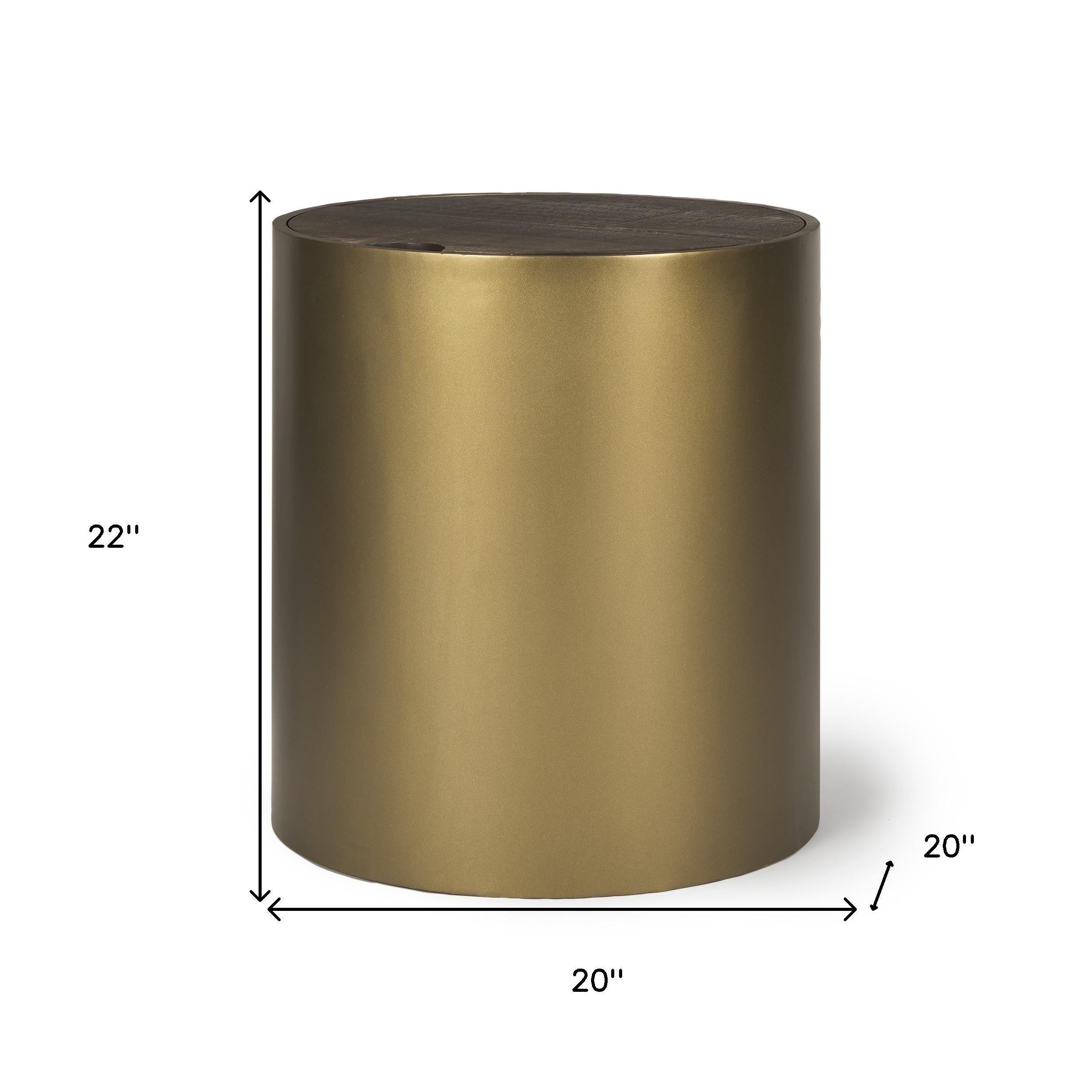22" Antiqued Gold And Brown Metal And Solid Wood Drum End Table With Storage
