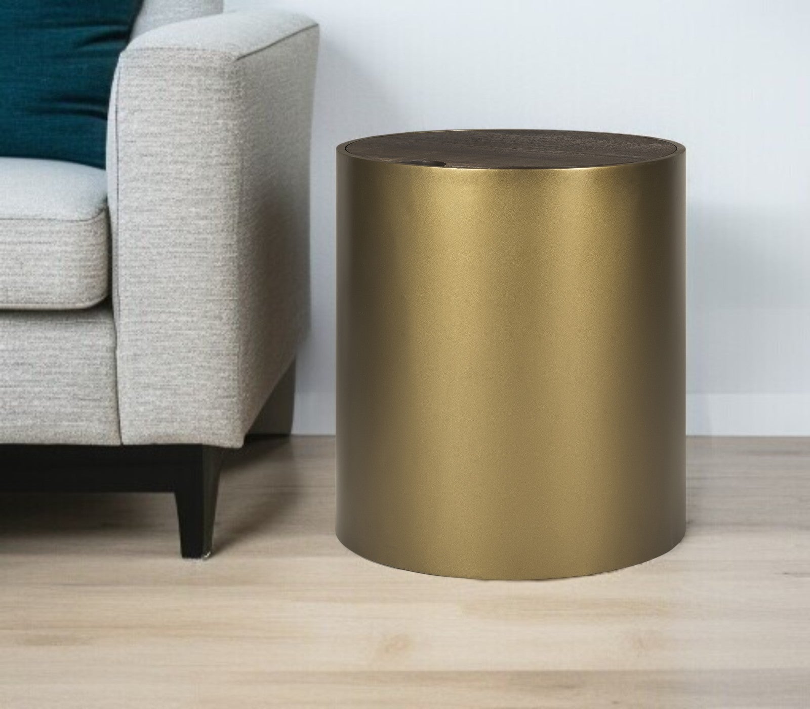 22" Antiqued Gold And Brown Metal And Solid Wood Drum End Table With Storage
