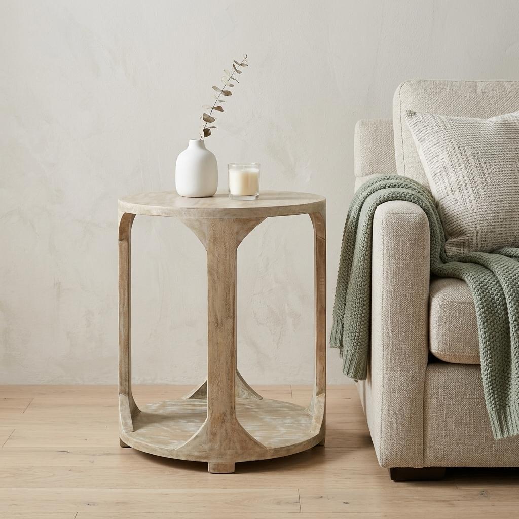 24" Natural Distressed Solid Wood Round Frame End Table With Shelf