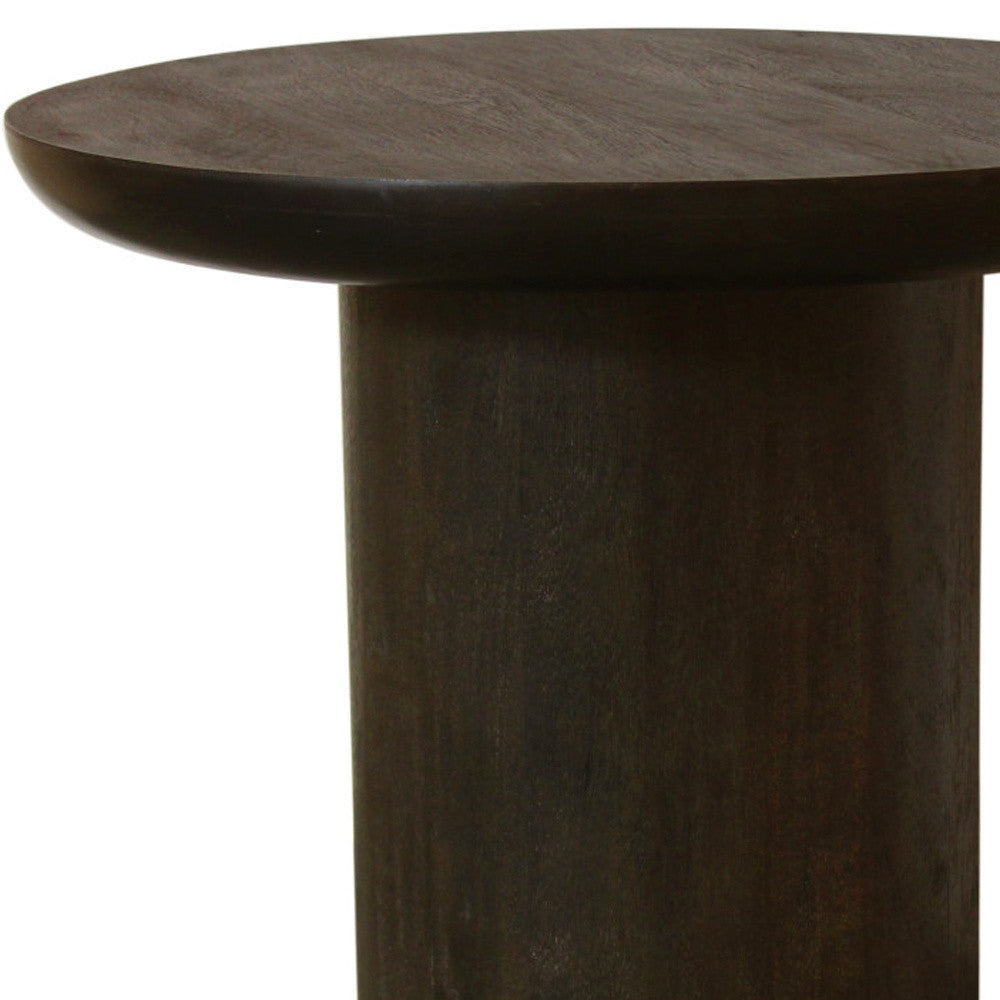 24" Dark Brown Distressed Solid Wood Round Pedestal End Table