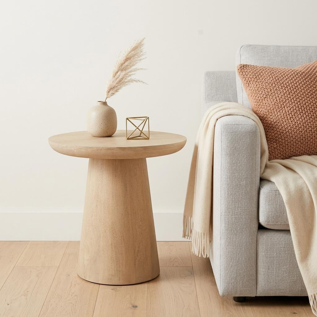 24" Natural Solid Wood Round Pedestal End Table