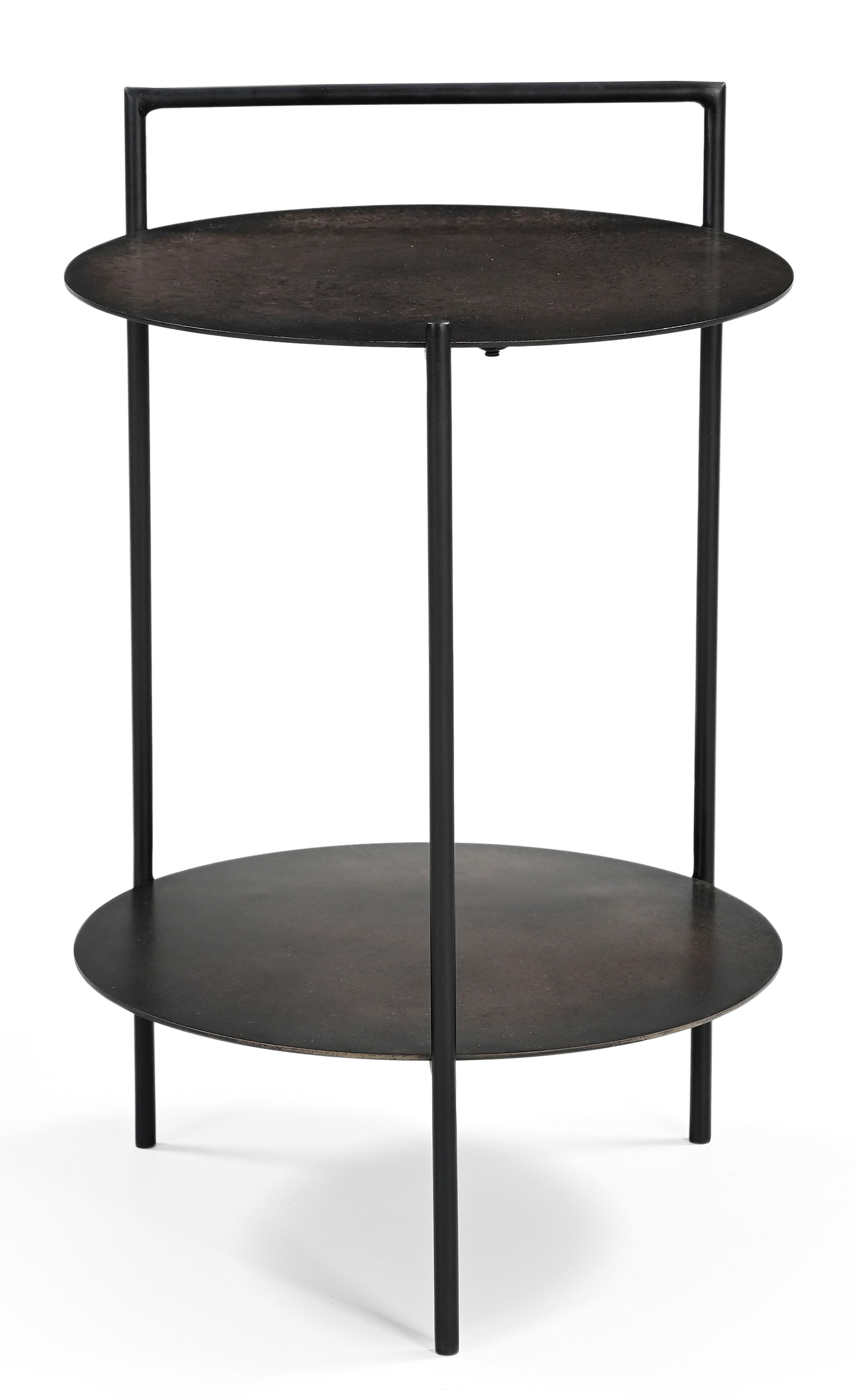 22" Antiqued Bronze and Black Distressed Iron Round End Table With Shelf