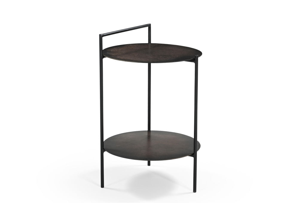 22" Antiqued Bronze and Black Distressed Iron Round End Table With Shelf