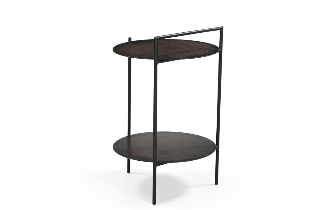 22" Antiqued Bronze and Black Distressed Iron Round End Table With Shelf