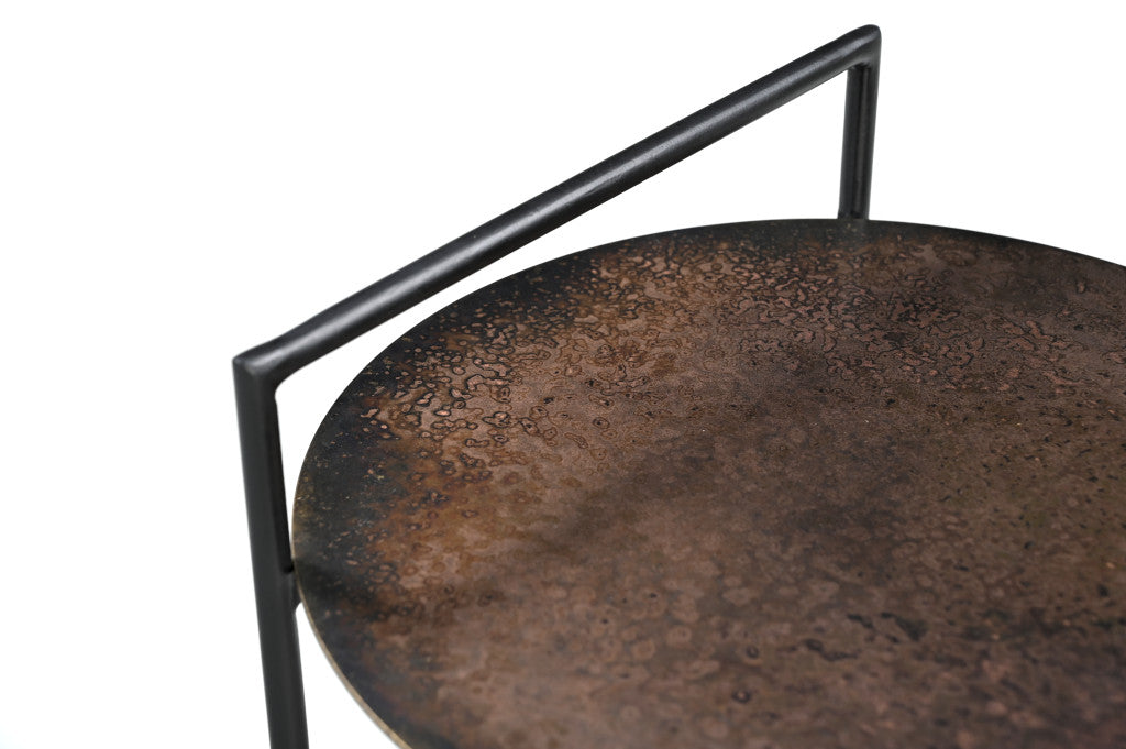 22" Antiqued Bronze and Black Distressed Iron Round End Table With Shelf