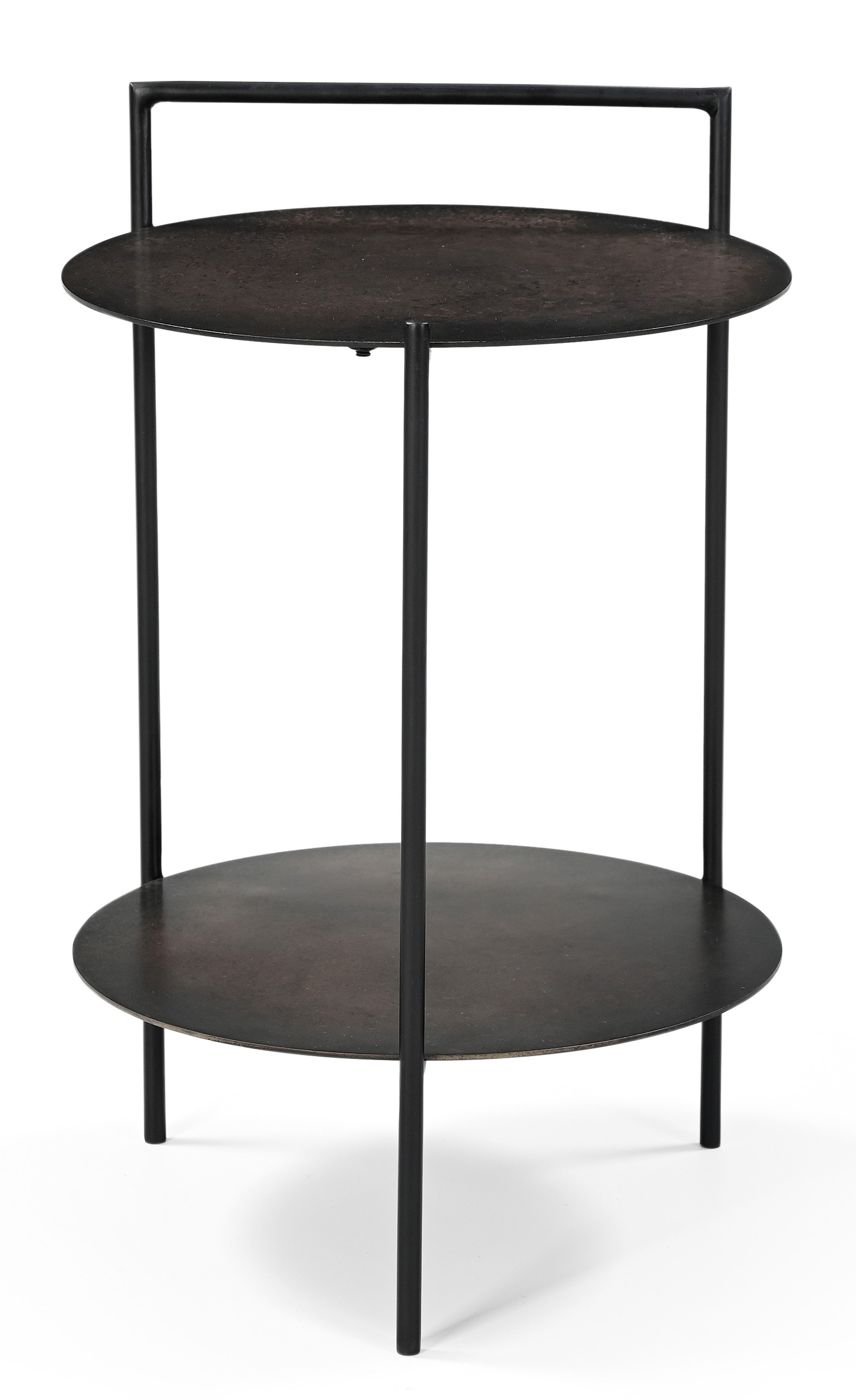 22" Antiqued Bronze and Black Distressed Iron Round End Table With Shelf