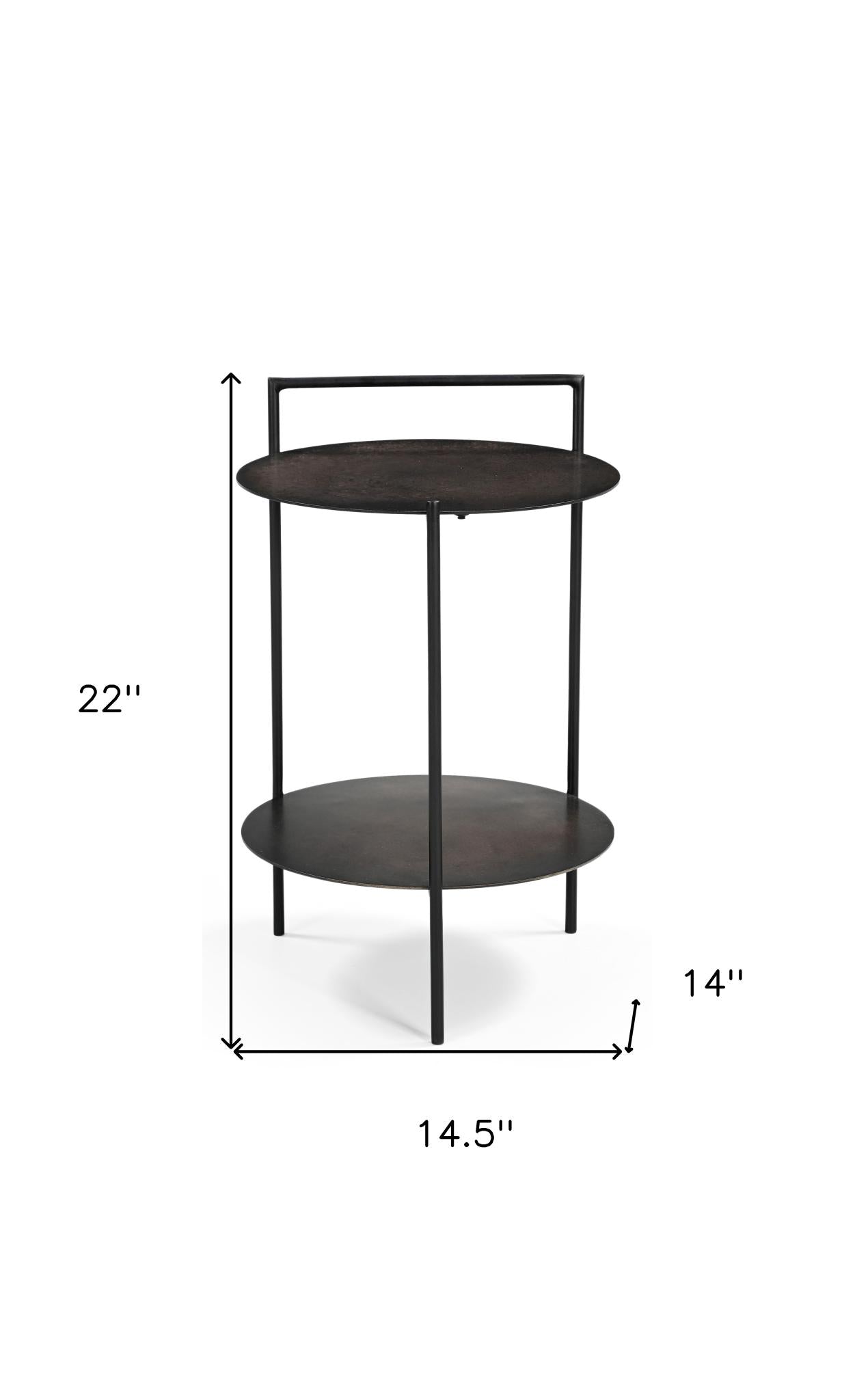 22" Antiqued Bronze and Black Distressed Iron Round End Table With Shelf