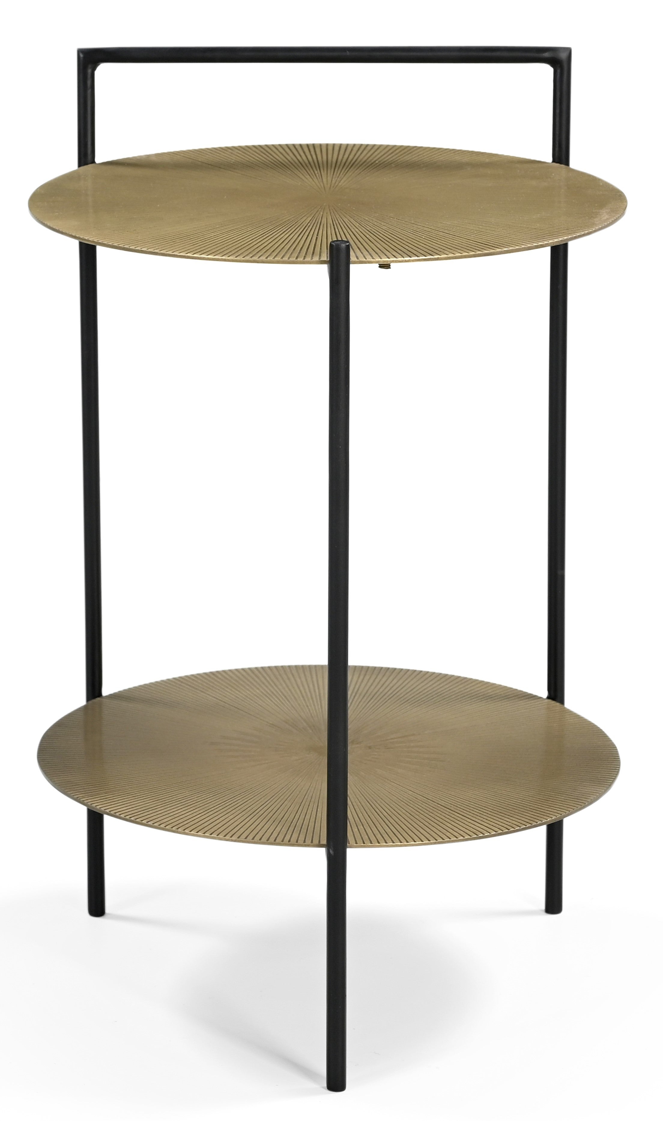 22" Antiqued Brass and Black Iron Round End Table With Shelf