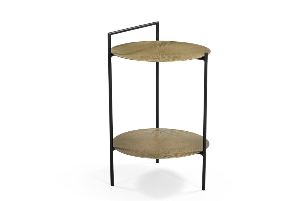 22" Antiqued Brass and Black Iron Round End Table With Shelf