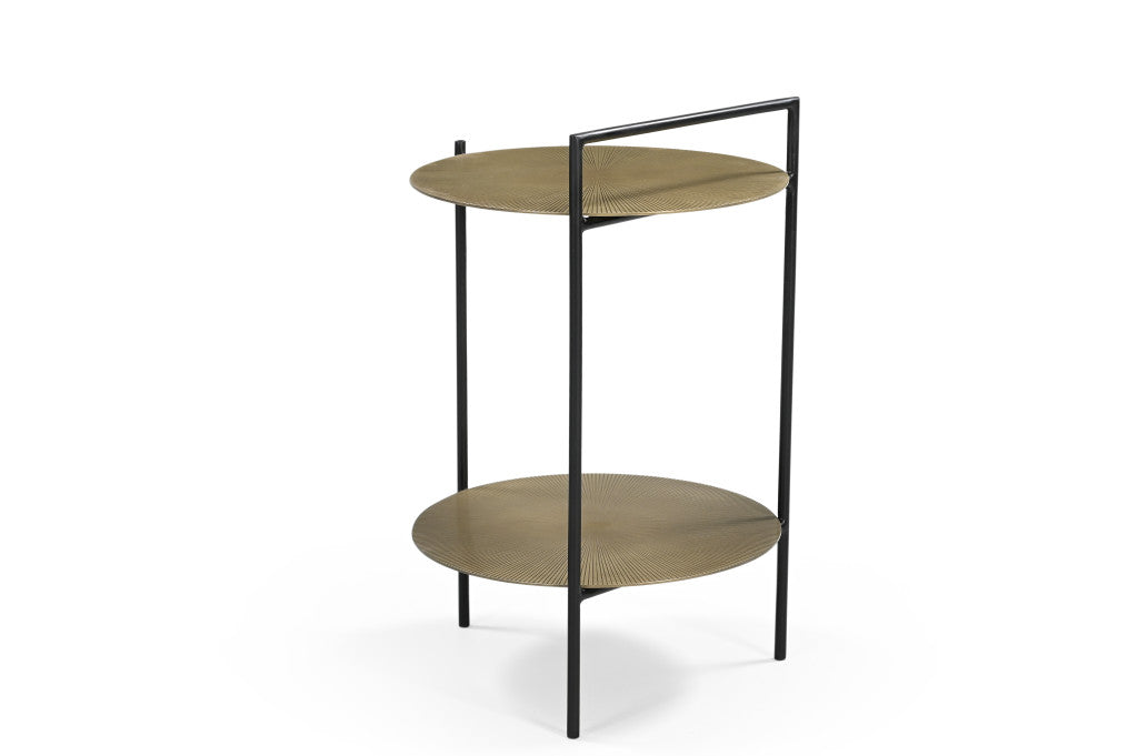 22" Antiqued Brass and Black Iron Round End Table With Shelf