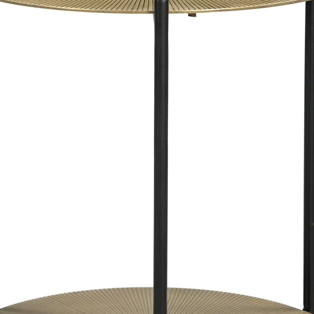 22" Antiqued Brass and Black Iron Round End Table With Shelf