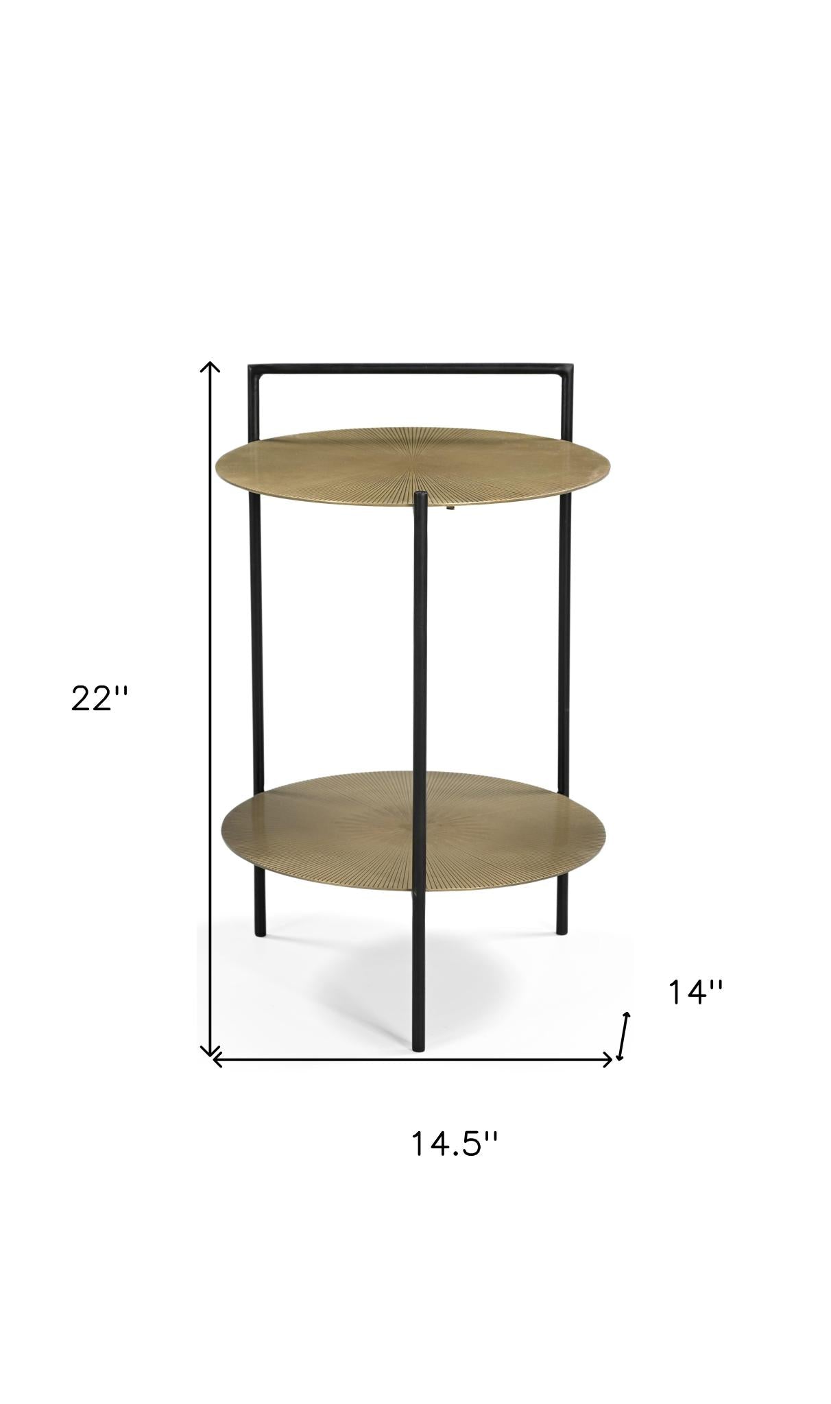 22" Antiqued Brass and Black Iron Round End Table With Shelf