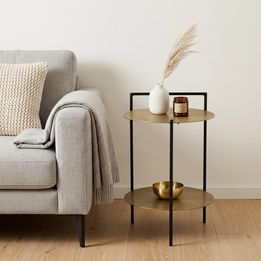 22" Antiqued Brass and Black Iron Round End Table With Shelf