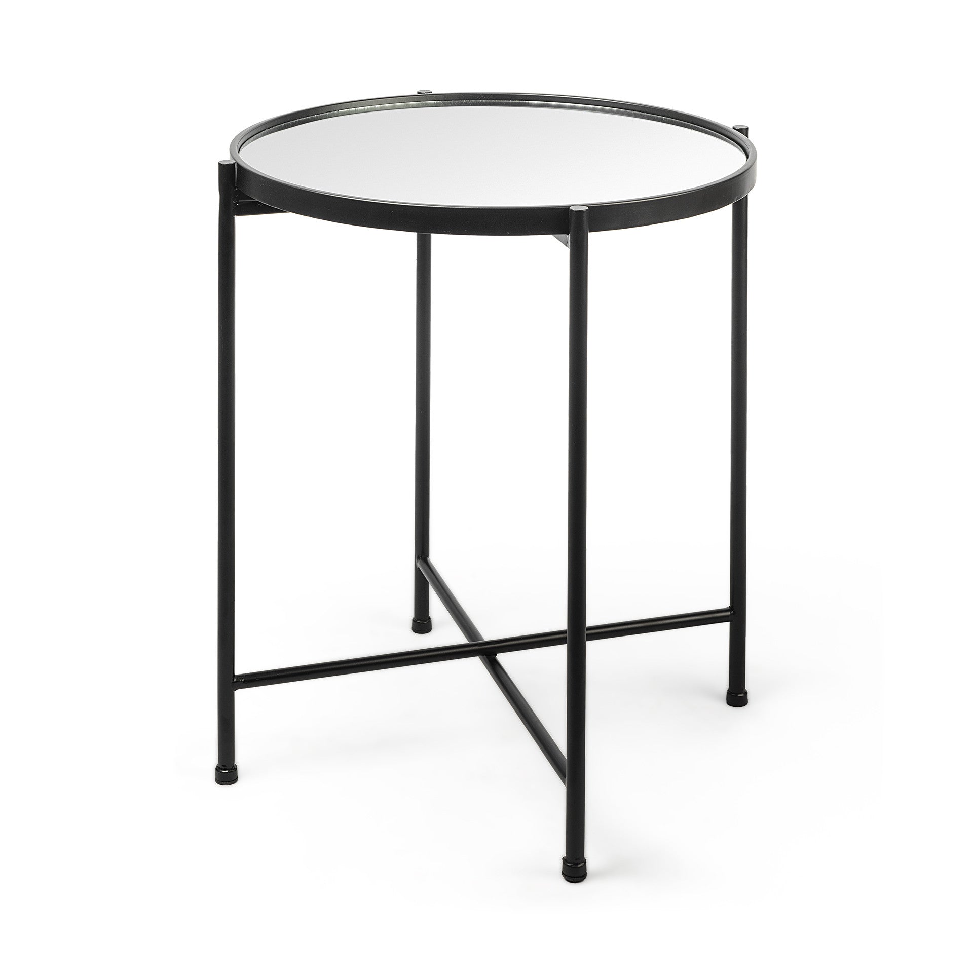 24" Silver and Black Mirrored Glass and Iron Round End Table