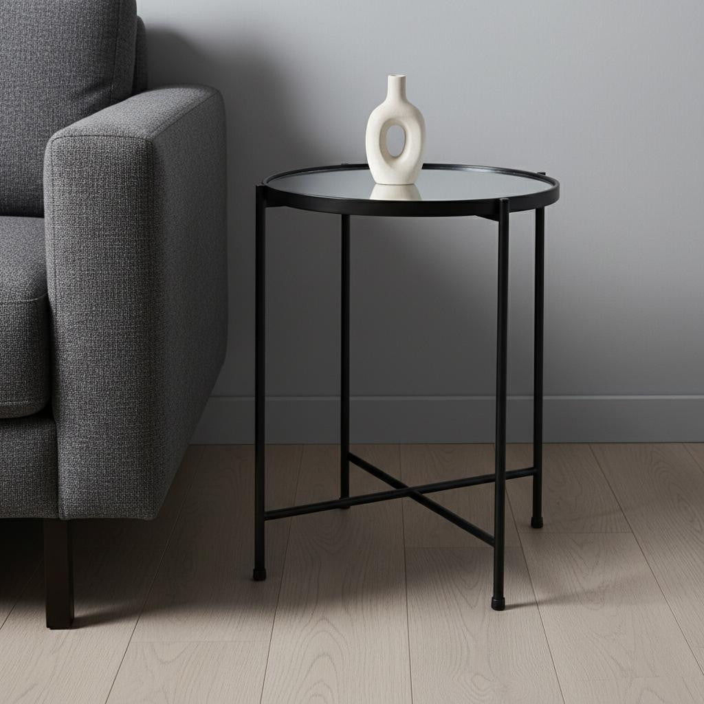 24" Silver and Black Mirrored Glass and Iron Round End Table