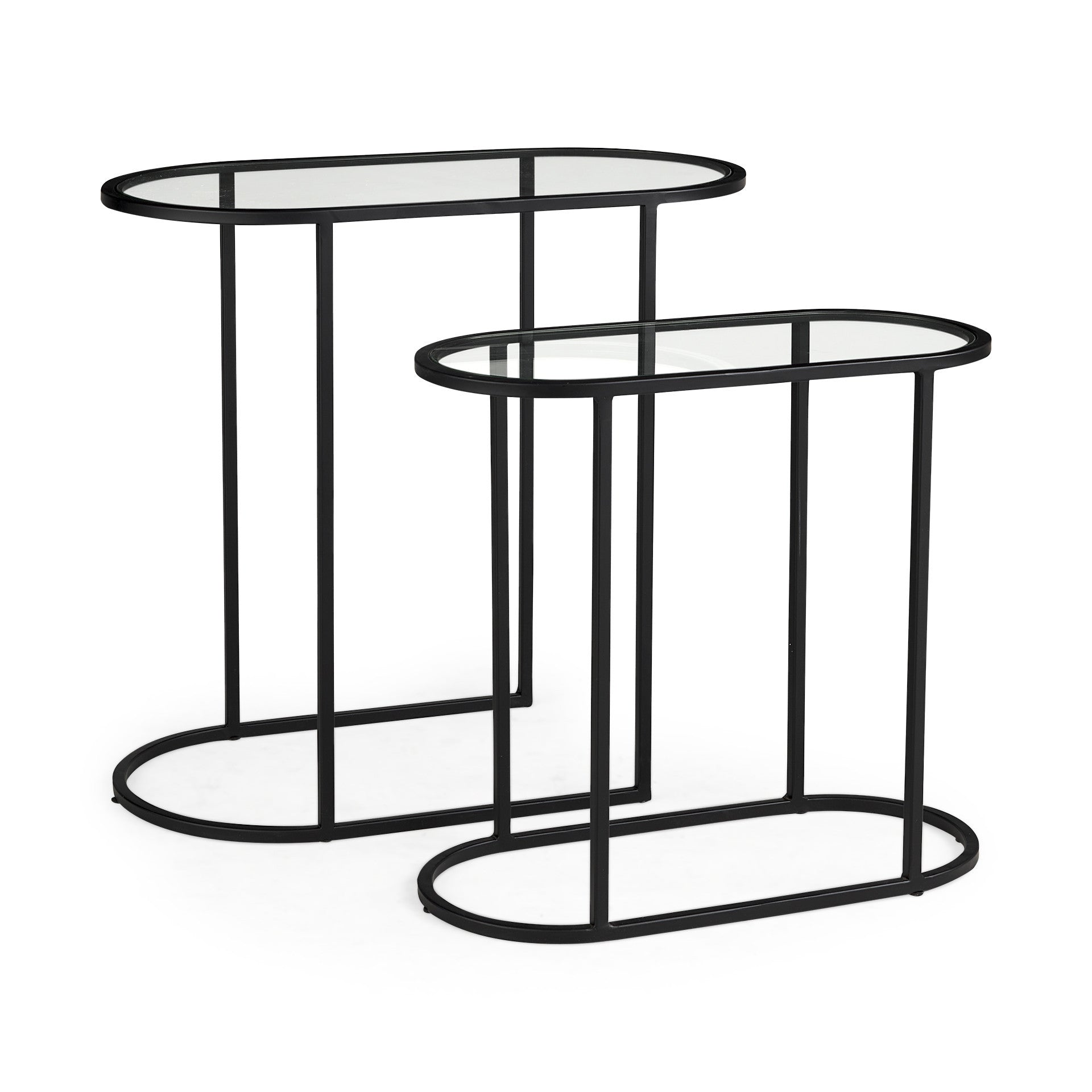 Set of Two 13" Clear and Black Glass and Metal Tray Tables
