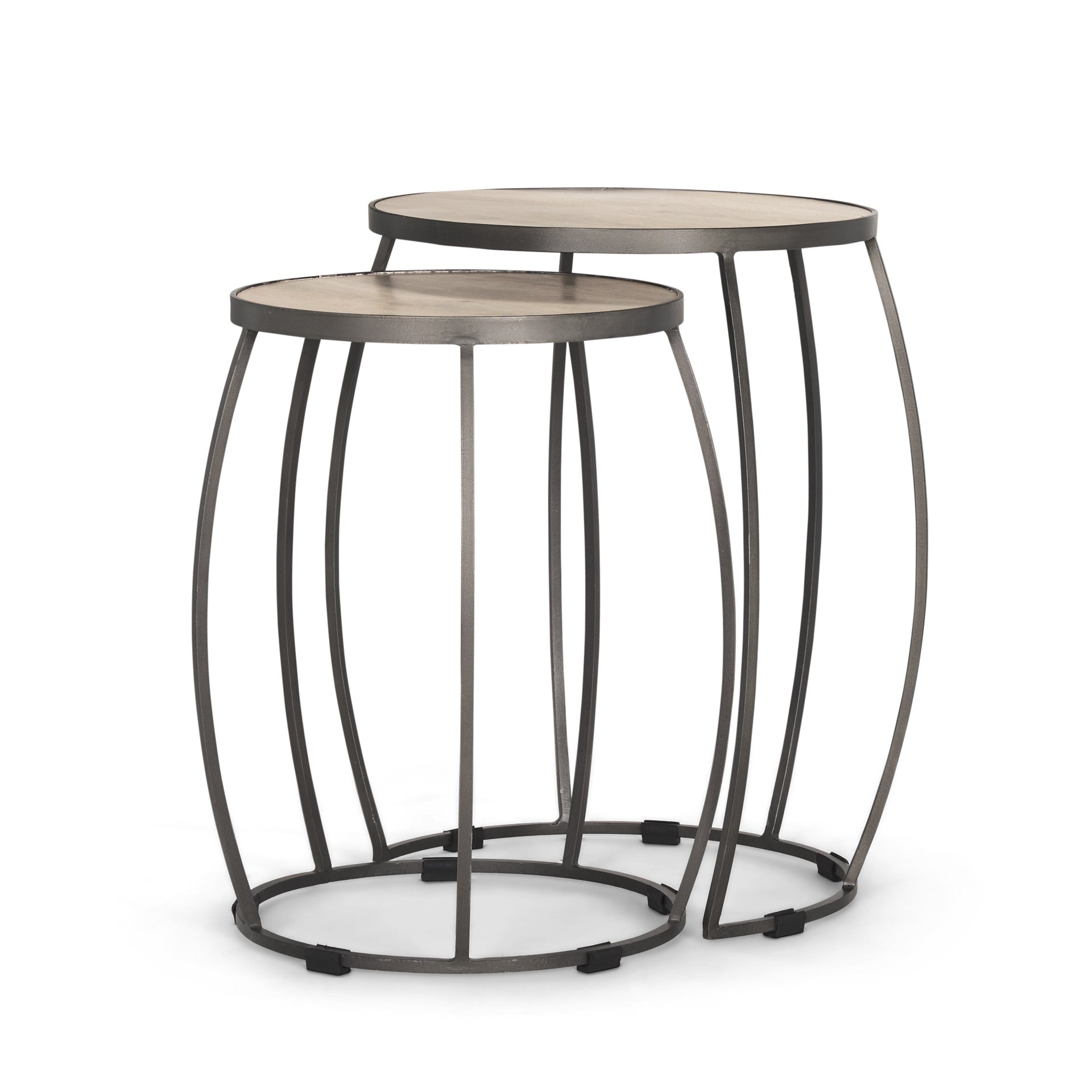 Set of Two Natural and Silver Solid Wood and Iron Round Frame Nested Tables