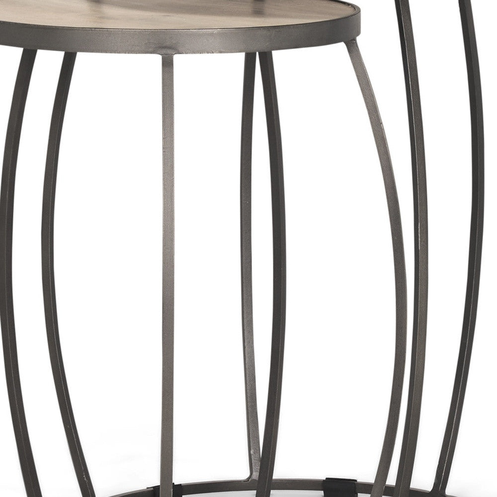 Set of Two Natural and Silver Solid Wood and Iron Round Frame Nested Tables