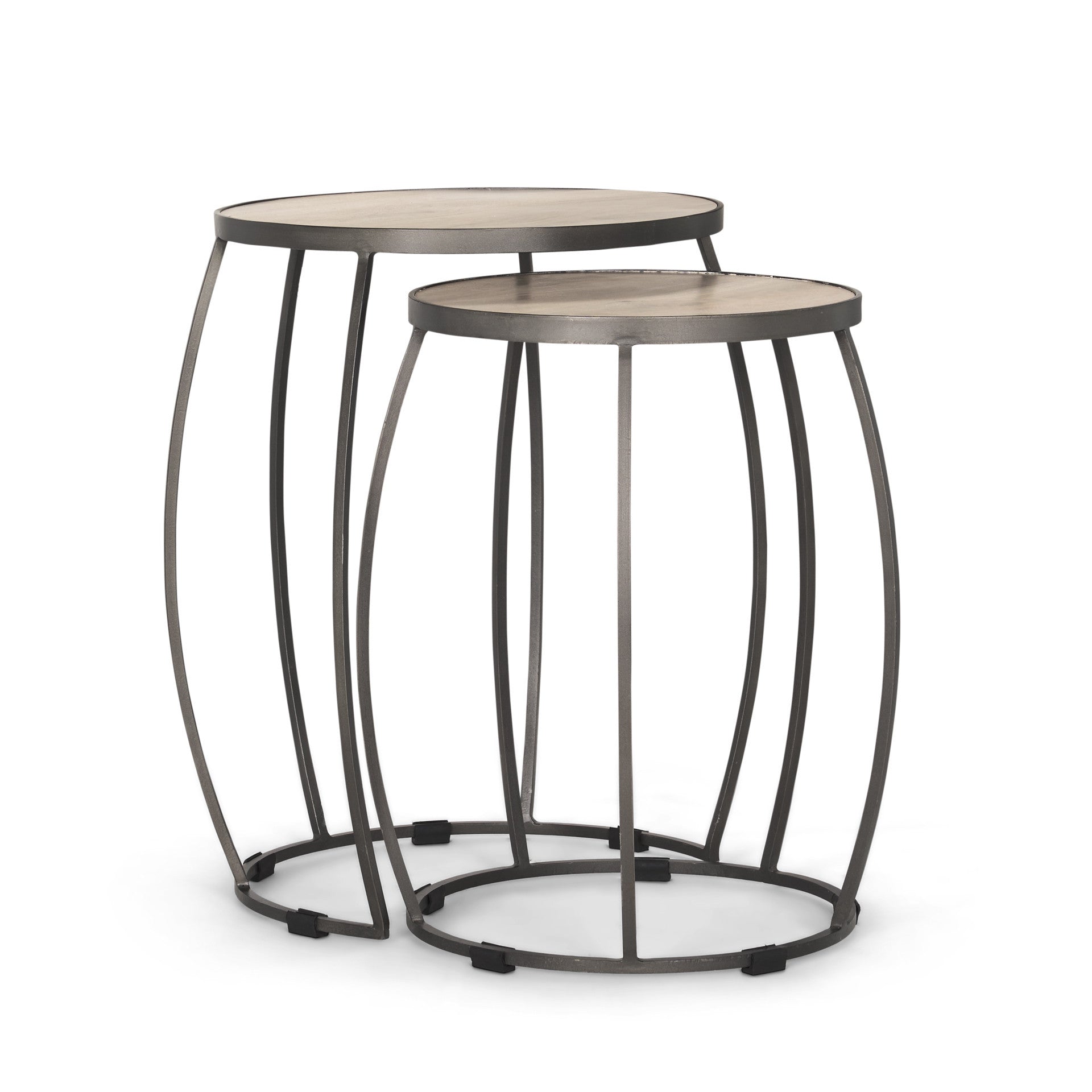 Set of Two Natural and Silver Solid Wood and Iron Round Frame Nested Tables