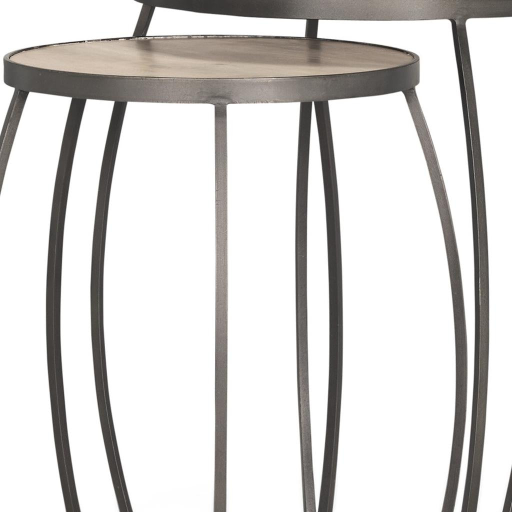 Set of Two Natural and Silver Solid Wood and Iron Round Frame Nested Tables