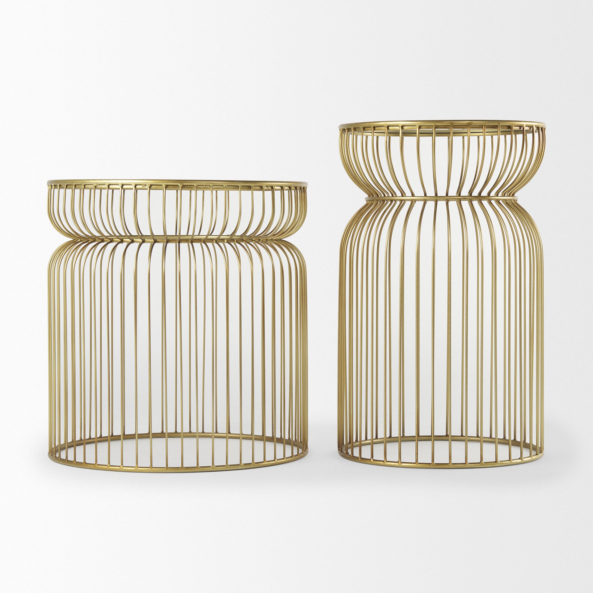 Set of Two Clear and Gold Tempered Glass and Metal Wire Round Drum End Tables