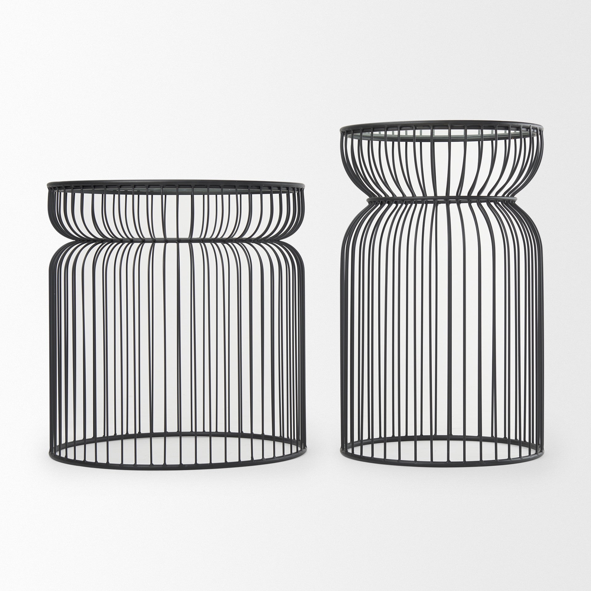 Set of Two Clear and Black Tempered Glass and Metal Wire Round Drum End Tables