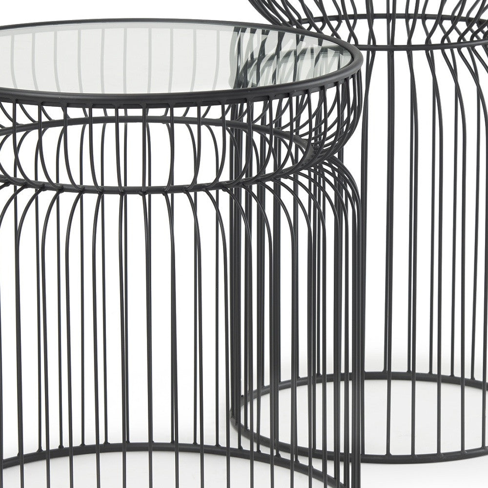 Set of Two Clear and Black Tempered Glass and Metal Wire Round Drum End Tables