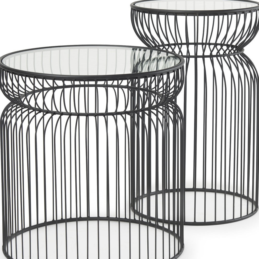 Set of Two Clear and Black Tempered Glass and Metal Wire Round Drum End Tables