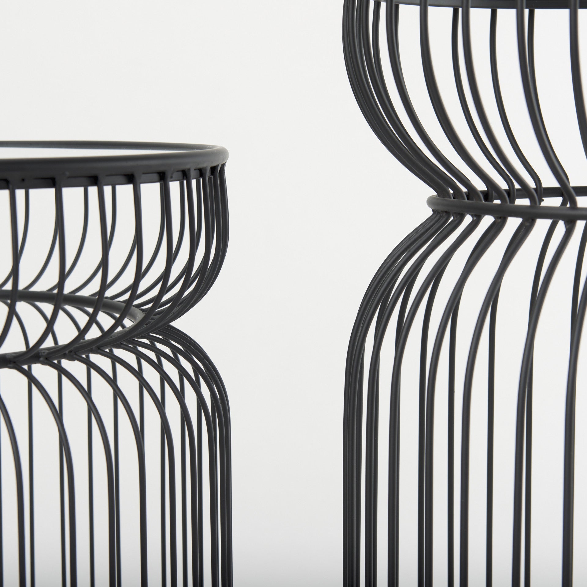 Set of Two Clear and Black Tempered Glass and Metal Wire Round Drum End Tables