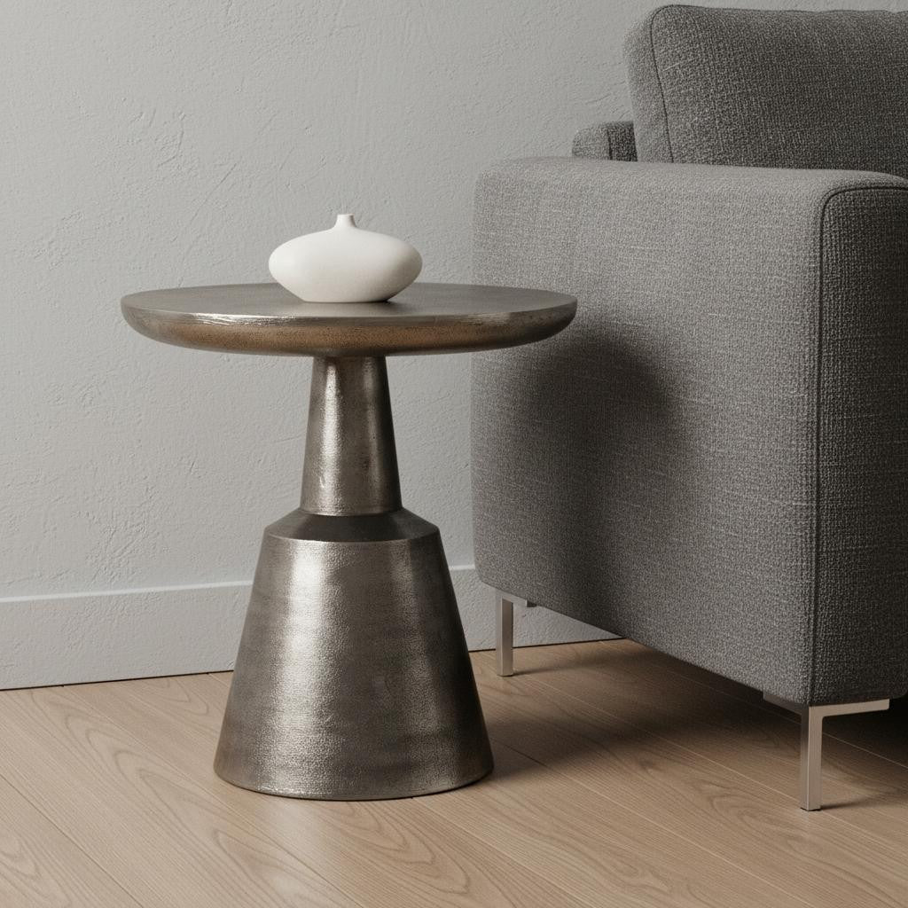 21" Silver Distressed Iron Round Pedestal End Table