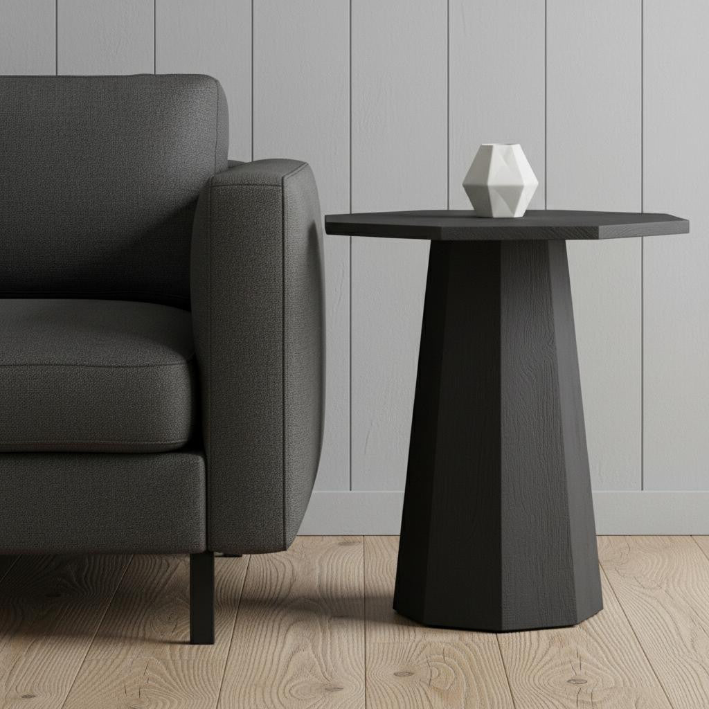 30" Black Solid Wood Hexagonal Pedestal End Table